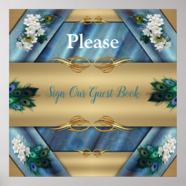 Poster Dourado, Penas Peacock na Emerald Green Silk