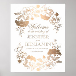 Póster Dourado Pêonies Wreath Elegante Sinal de Boas-vind