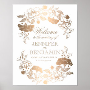 Póster Dourado Pêonies Wreath Elegante Sinal de Boas-vind