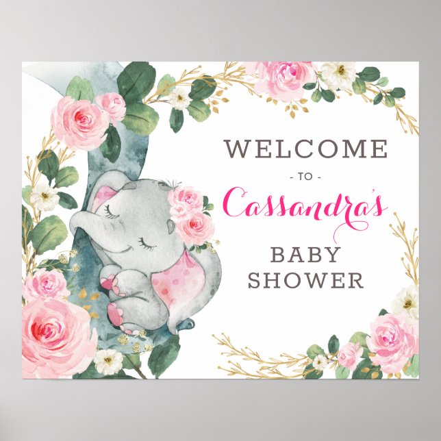 Poster Dourado rosa Elefante Floral Eucalyptus Bem-vindo (Frente)