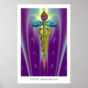 Póster DOURADO símbolo médico CADUCEUS Ondas verdes roxas