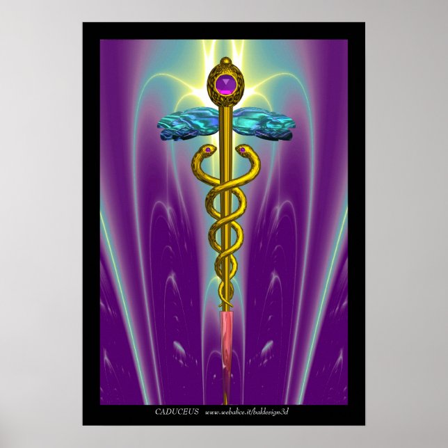Póster DOURADO símbolo médico CADUCEUS Ondas verdes roxas (Frente)