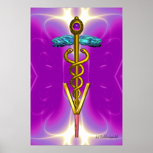 Poster DOURADO SÍMBOLO VETERINÁRIO CADUANO Fúcsia Rosa (Frente)