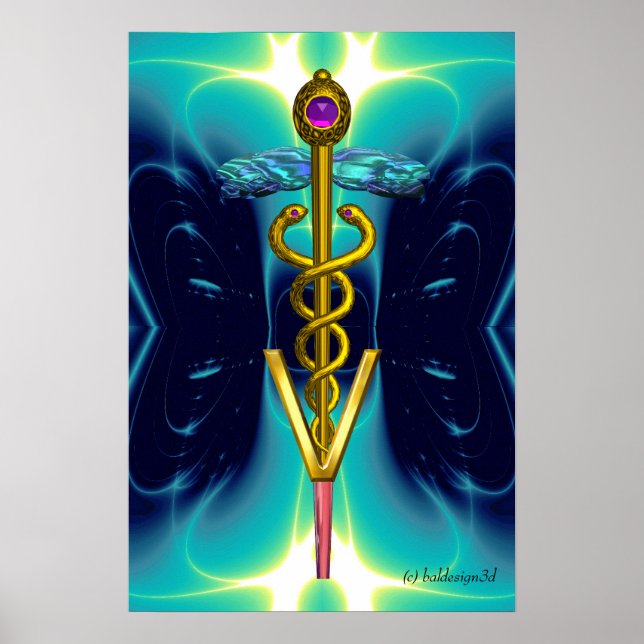 Póster DOURADO SÍMBOLO VETERINÁRIO CADUEUS Azul Aqua (Frente)