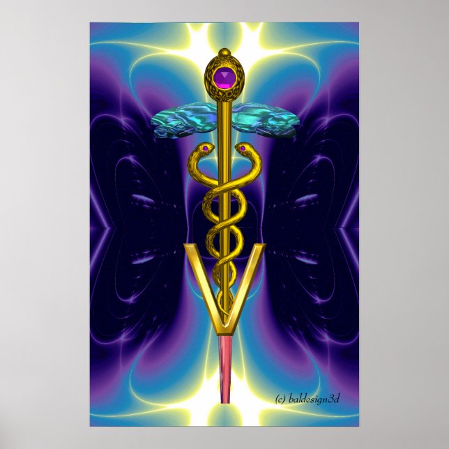Póster DOURADO SÍMBOLO VETERINÁRIO CADUEUS Roxo Azul (Frente)