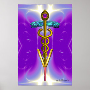 Póster DOURADO SÍMBOLO VETERINÁRIO CADUEUS Roxo Azul