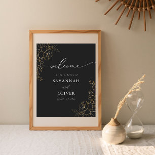 Poster Dourado Sinal de Boas-vindas do Casamento Floral -