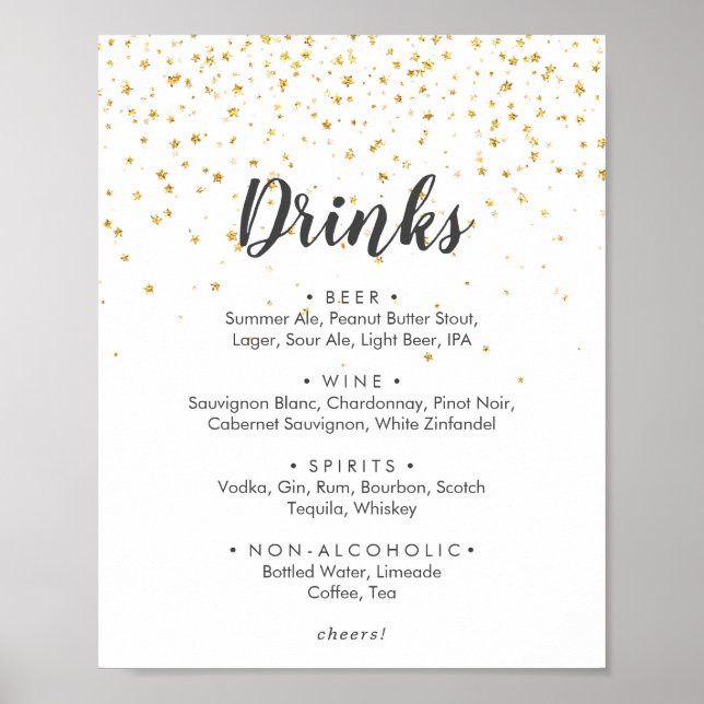 Poster Dourado sinal de menu Bebidas de Casamento de Conf (Frente)