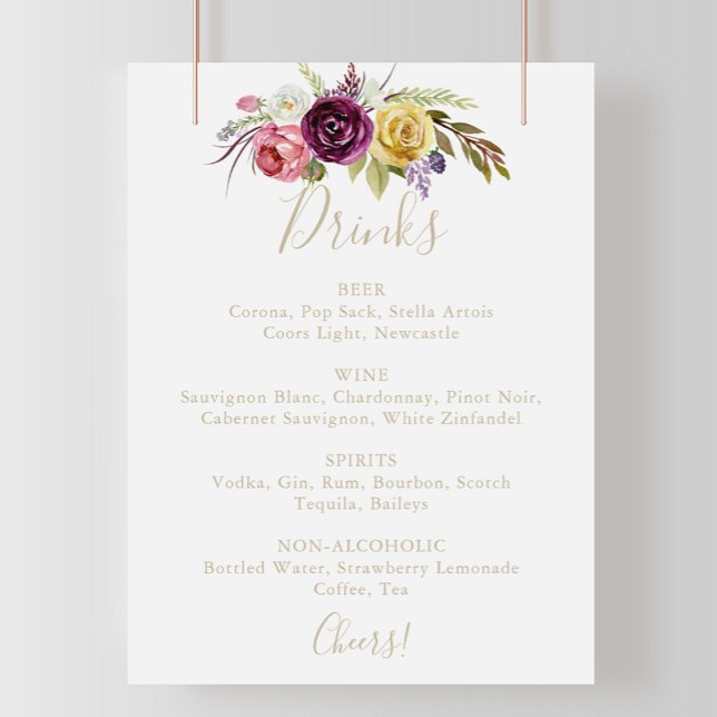 Poster Dourado sinal de menu Boho Tropical Floral Drinks (Criador carregado)