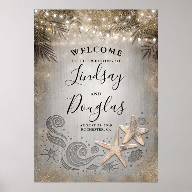 Poster Dourado Starfish Tropical Beach Weding Sinal (Frente)