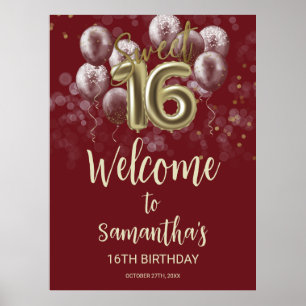 Poster Dourado Sweet 16 Bday Balloons Burgundy Sinal de B
