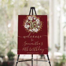 Poster Dourado Sweet 16 Bday Balloons Burgundy Sinal de B