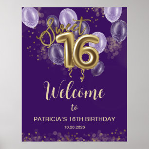 Poster Dourado Sweet 16 Bday Balloons Purple Sinal de Boa