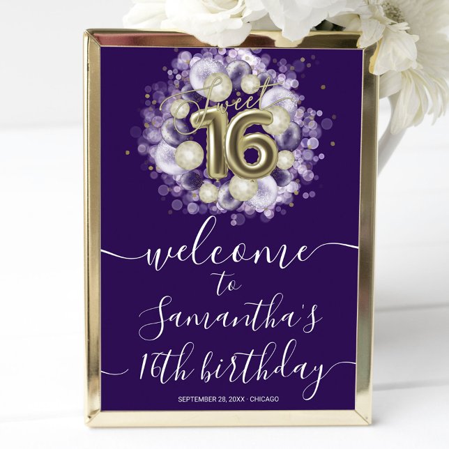 Poster Dourado Sweet 16 Bday Balloons Purple Sinal de Boa (Criador carregado)