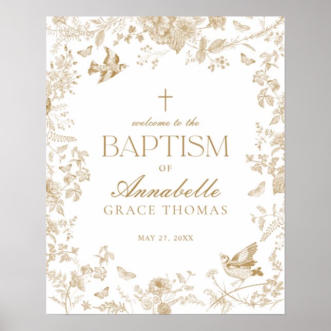 Poster Dourado Toile De Jouy Floral Baptism Sinal de Boas (Frente)
