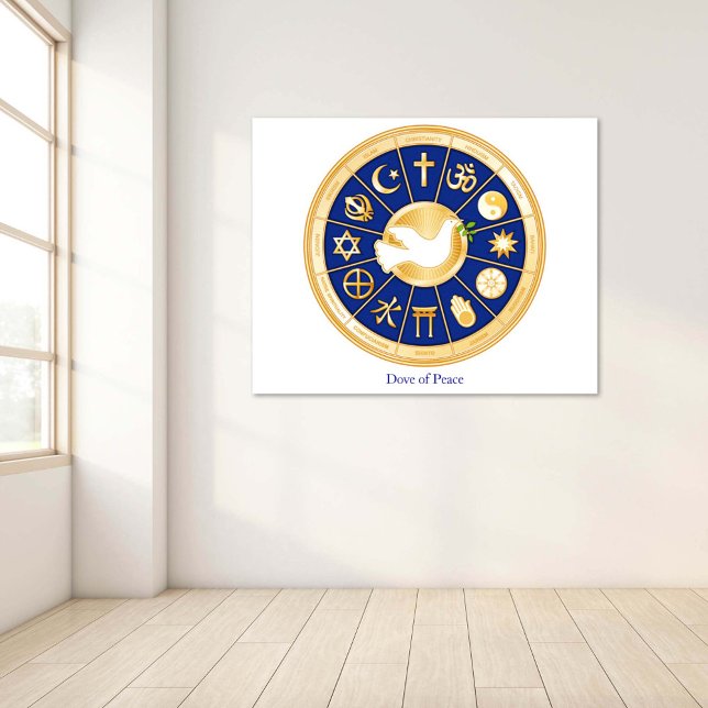 Poster Dove of Peace (Dove of Peace Poster
Horizontal version with "Dove of Peace" title. Gold icons of world faiths.)