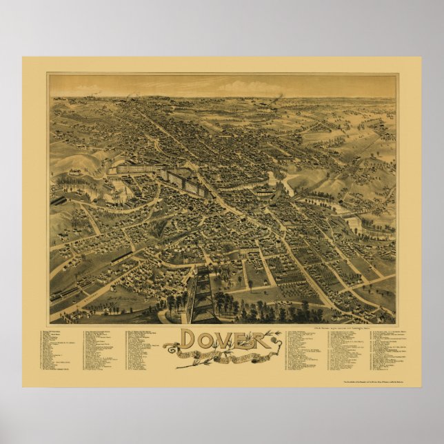 Poster Dover, Mapa Panorâmico NH - 1888 (Frente)