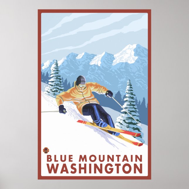 Póster Downhill Snow Skier - Blue Mountain, Washington (Frente)