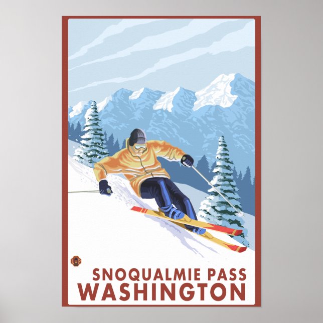 Póster Downhill Snow Skier - Snoqualmie Pass, WA (Frente)