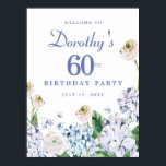Poster Download digital Hydrangea 60th Birthday Welcome<br><div class="desc">Você pode fazer o download deste sinal de boas-vindas florais de verão imediatamente. As hidrâncias púrpuras, azuis e poeirentas misturam-se com rosas selvagens brancos e cor-de-rosa e com branco suave. O nome do celebrante de aniversário é escrito em uma fonte de script fácil de ler. O ano e a data...</div>