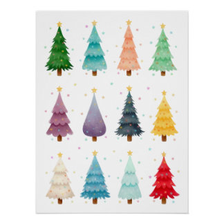 Póster Doze Árvores de Natal Festivas, aquarela
