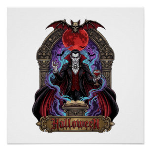 Póster Drácula de Halloween Lua Vermelha Morcegos Caveira