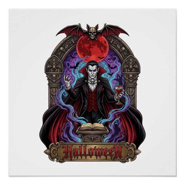 Póster Drácula de Halloween Lua Vermelha Morcegos Caveira (Frente)
