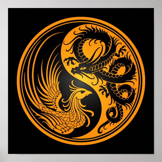 Póster Dragão Amarelo e Negro Phoenix Yin Yang (Frente)