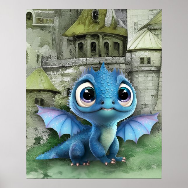 Poster Dragão Azul Bebê E Castelo Medieval Fantasia (Frente)