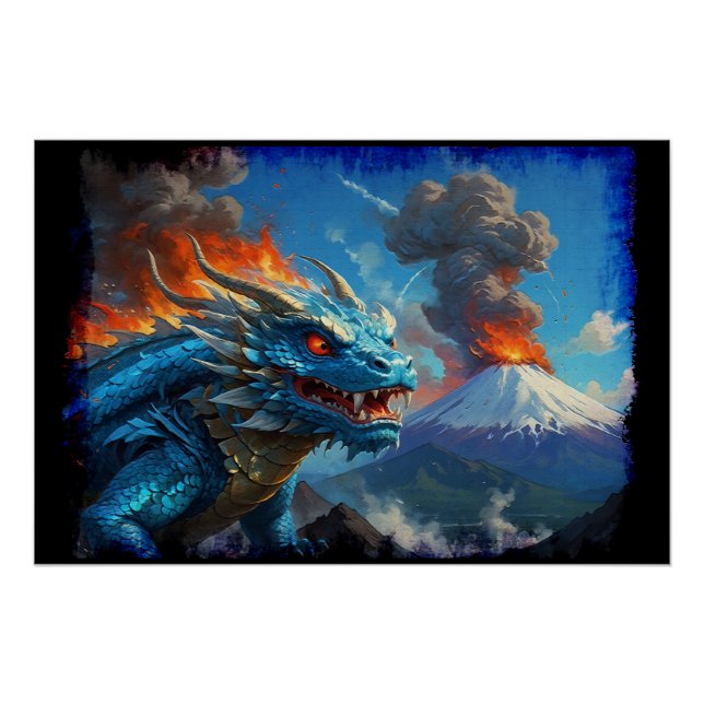 Póster Dragão Azul Chinês e Vulcão (Frente)