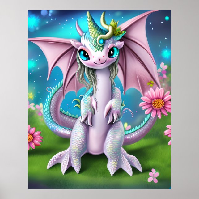 Poster Dragão Bebê Sorridente e Bonito com Flores (Frente)