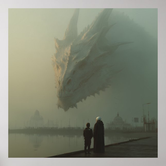 Poster Dragão Branco Gigante Sobre o Cais da Cidade Nebul (Frente)
