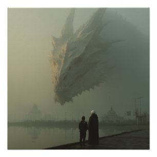 Póster Dragão Branco Gigante Sobre o Cais da Cidade Nebul