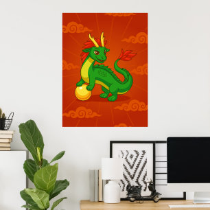 Poster Dragão Chinês Verde sobre Vermelho