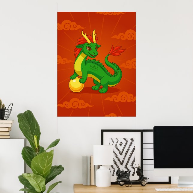 Poster Dragão Chinês Verde sobre Vermelho (Escritório em casa)