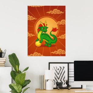 Poster Dragão Chinês Verde sobre Vermelho