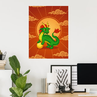 Poster Dragão Chinês Verde sobre Vermelho