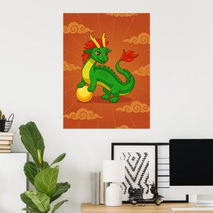 Poster Dragão Chinês Verde sobre Vermelho