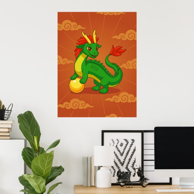 Poster Dragão Chinês Verde sobre Vermelho (Escritório em casa)