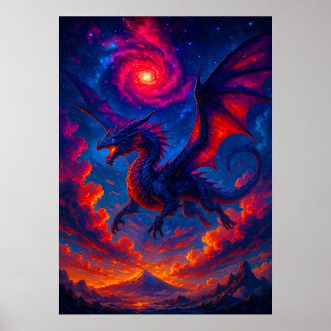 Poster Dragão Cósmico Voando Através de Fiery Sky Fantasy (Frente)