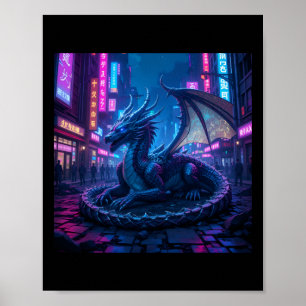 Poster Dragão Cyberpunk Majestoso Descendo Em Neon City S