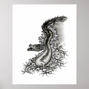 Póster Dragão da China, Design Preto e Branco em Estilo d