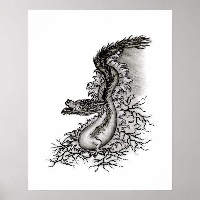 Póster Dragão da China, Design Preto e Branco em Estilo d (Frente)