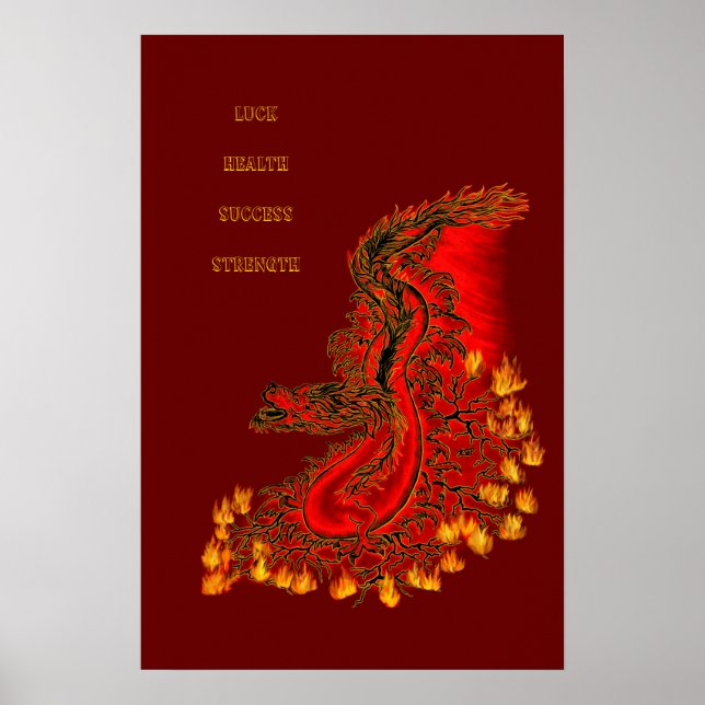Poster Dragão da China design vermelho e dourado (Frente)