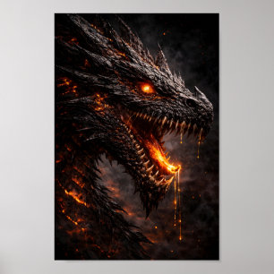 Poster Dragão de Fogo Preto Feroz com Olho de Brasa Brilh