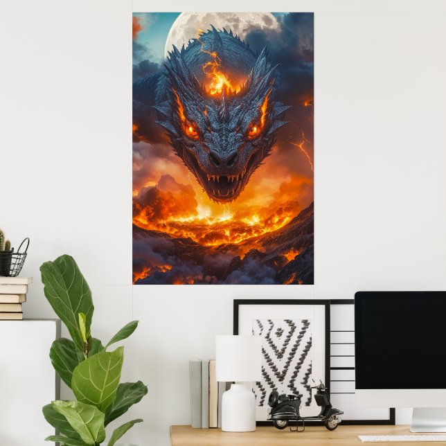 Poster Dragão de Fogo Sob Fantasia de Lua Cheia (Escritório em casa)