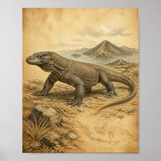 Poster Dragão de Komodo Arte de Vida Selvagem Vintage