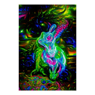 Póster Dragão do Coelho Psicodélico em Neon Fantasy
