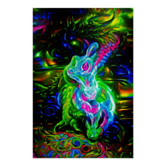 Póster Dragão do Coelho Psicodélico em Neon Fantasy