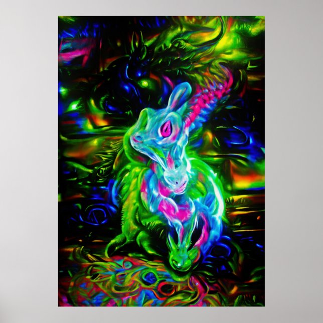 Poster Dragão do Coelho Psicodélico em Neon Fantasy (Frente)